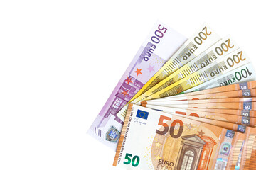 Banknotes of European Union isolated on white background. Copy space
