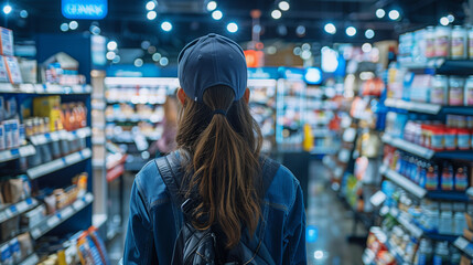 A retail worker in uniform standing with their back to the camera, looking at a well-organized store with neatly arranged products, representing customer service and retail management.
