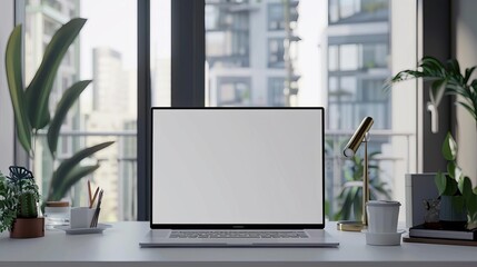Fototapeta premium laptop on office desk mockup front view with blank screen technology display template 3d render