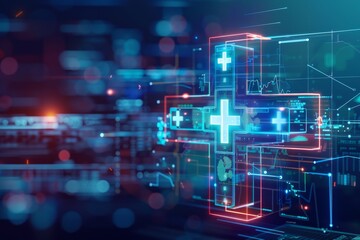 A medical cross morphing into a telemedicine screen, showcasing the advancements in healthcare delivery generated by AI