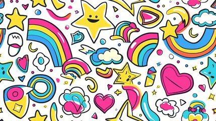 Fototapeta premium Hand-drawn seamless pattern featuring LGBTQ Pride symbols like rainbows, stars, and peace signs in bright, cheerful colors