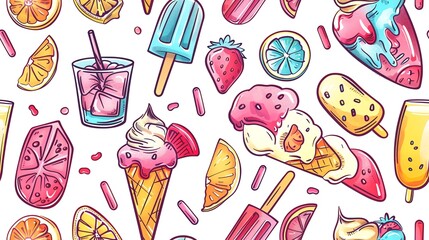 Hand-drawn seamless pattern with summer ice cream cones, popsicles, and cold drinks, creating a fun and refreshing design