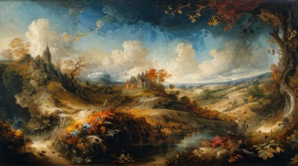 Obraz premium Autumnal Landscape with Ruins and a Winding Stream