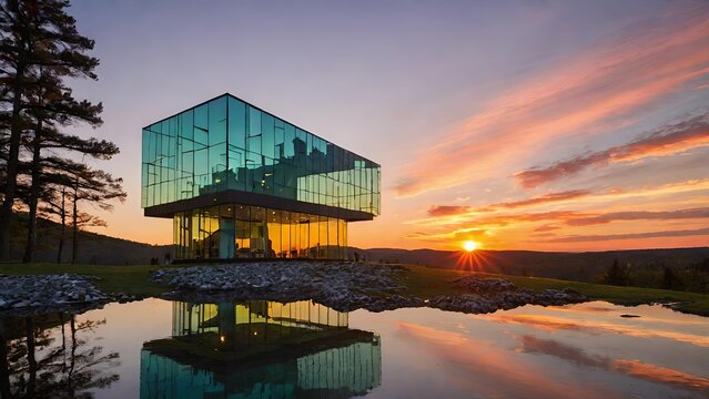 Flass house at sunset near aa lake