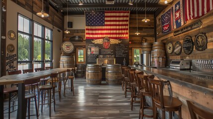 Cozy rustic brewery with wooden decor, American flag, bar seating, and barrels in a vintage setting.