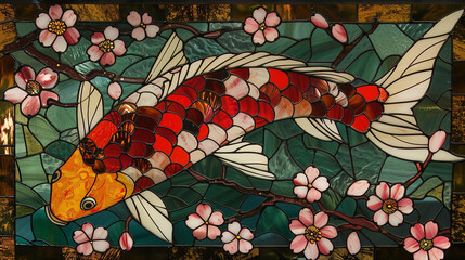 Stained-glass Nishikigoi and flowers background wallpaper