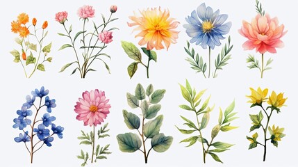 A collection of 10 watercolor illustrations featuring vibrant flowers and lush foliage. These delicate blooms and verdant leaves are perfect for adding a touch of nature to any design project