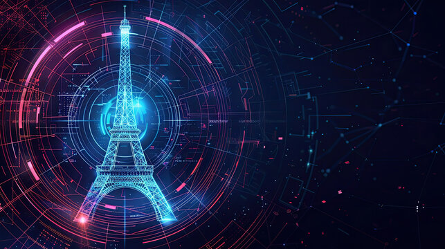 Eiffel Tower with vibrant neon colors and abstract background
