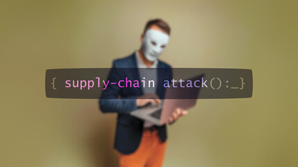 Cybersecurity concept supply-chain attack on foreground screen, hacker silhouette hidden with low poly style mask. Vulnerability and attack on colored code editor. Text in English, English text