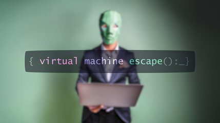 Cybersecurity concept virtual machine escape on foreground screen, hacker silhouette hidden with low poly style mask. Vulnerability and attack on colored code editor. Text in English, English text
