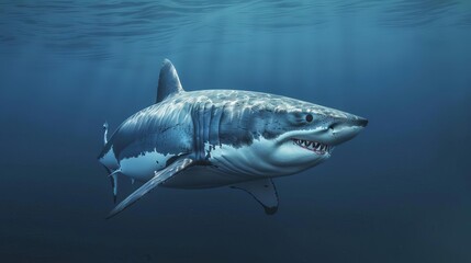 Fototapeta premium majestic great white shark powerful underwater predator deep blue ocean realistic 3d rendering