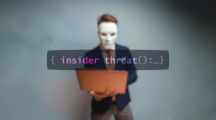 Insider threat cybersecurity concept on foreground screen, hacker silhouette hidden with low poly style mask. Vulnerability and attack on colored code editor. Text in English, English text