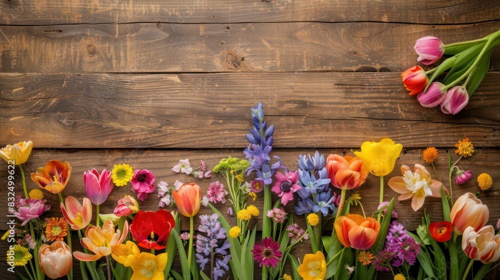Poster capture the essence of spring with a beautifully arranged array of colorful spring flowers adorning 
