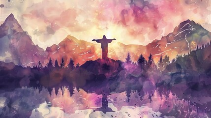 majestic jesus christ in worship inspiring digital watercolor painting with serene mountain landscape