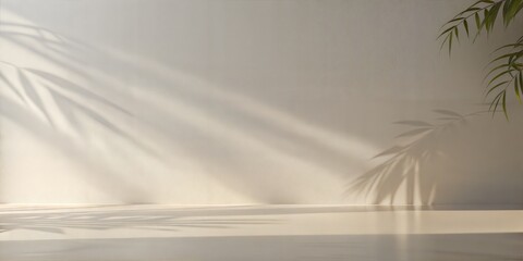 Off-White Wall Leaf Shadows: A neutral off-white wall and floor with subtle leaf shadows, suitable for minimalist and versatile product displays.
