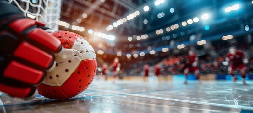 Goalkeeper s intense focus  anticipating penalty shot in handball   olympic sport concept - Powered by Adobe