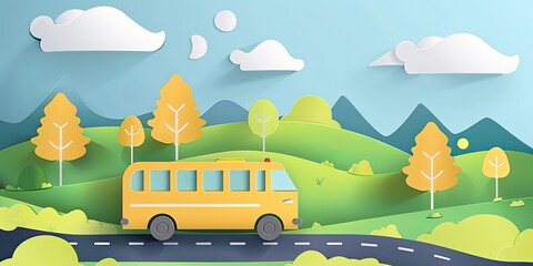 a image of a yellow bus driving down a road in a green field