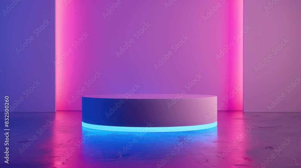Poster generate a visually stunning image of a minimalist pedestal bathed in soft neon lights, creating a c