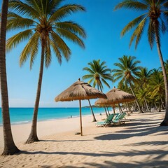 A golden sandy beach with crystal clear turquoise waters gently lapping the shore. Palm trees provide shade, and colorful beach umbrellas dot the landscape. The sky is a bright, uninterrupted blue, em