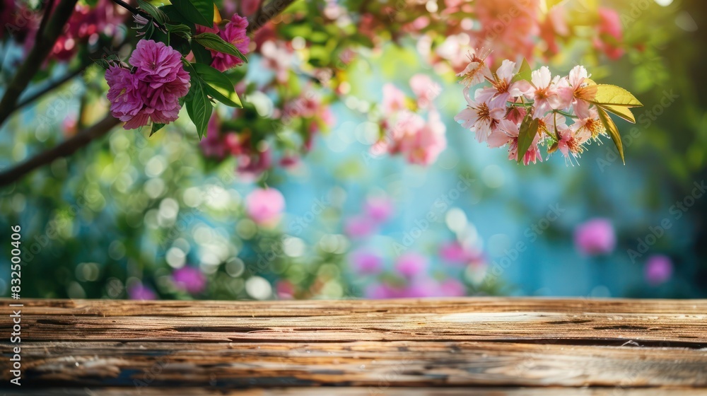 Poster generate visual interest by juxtaposing the rustic charm of a wooden table with the vibrant colors o