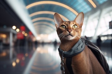 Portrait of a happy abyssinian cat isolated on bustling airport terminal