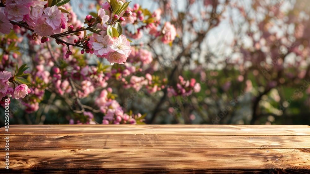 Poster produce an image of simplicity and elegance by capturing an empty wooden table amidst a backdrop of 