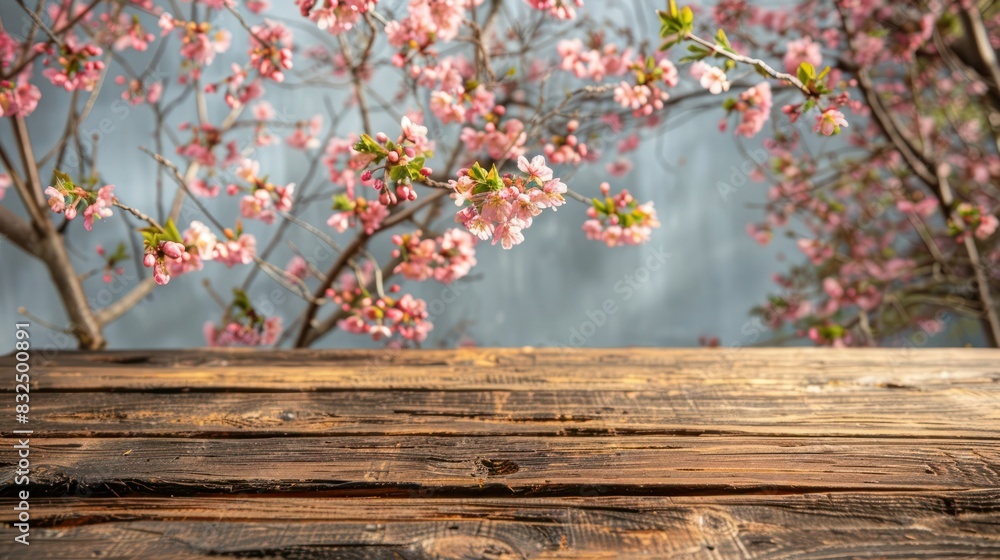 Aufkleber produce an image of simplicity and elegance by capturing an empty wooden table amidst a backdrop of 
