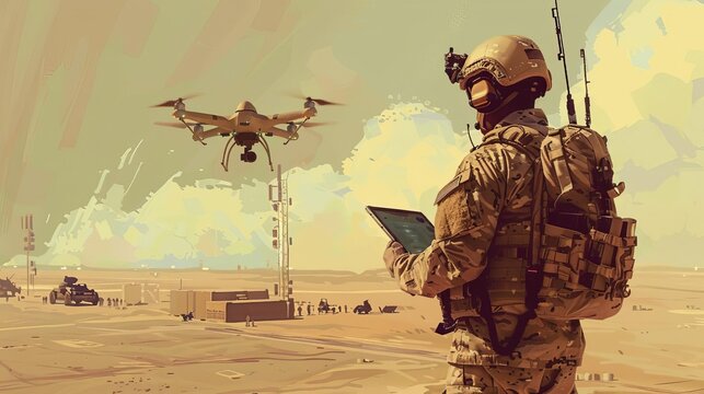 military drone tactics soldier analyzing data on tablet at temporary base aipowered warfare digital illustration