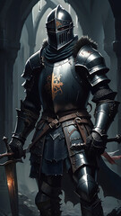 A medieval knight in full armor, wielding a sword and shield, ready for battle