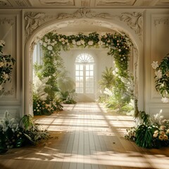 A long hallway with a white archway and a window