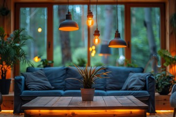 Modern living room with a cozy seating area and a panoramic window, creating a luxurious and comfortable space