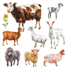 Watercolor painting of farm animals set, isolated on a white background, farm animals vector, drawing clipart, Illustration Vector, Graphic Painting, design art, logo