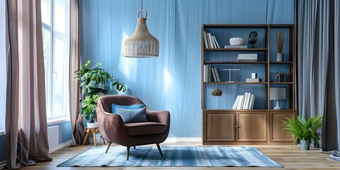 Stylish living room featuring a brown armchair, wooden bookcase, pendant lamp, and decor. Concept Living Room Styling, Interior Design, Brown Armchair, Wooden Bookcase, Pendant Lamp