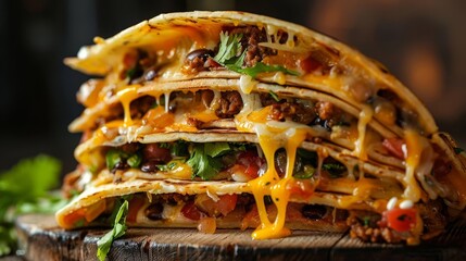 Fototapeta premium mouthwatering stack of tacos with melted cheese and juicy fillings aigenerated food photography