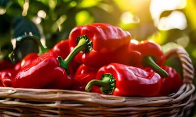 Harvest of hand picked vibrant red peppers baskets filled with glossy freshly picked produce, Ai generated