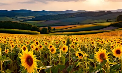 Fototapeta premium Yellow sunflowers in summer countryside, AI Generated