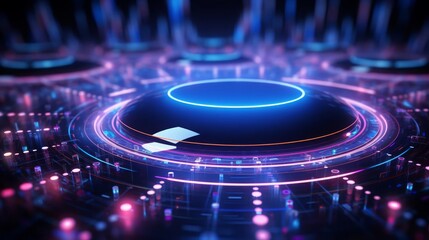 Techthemed wallpaper featuring glowing neon circles in a futuristic style close up, hightech aesthetics, realistic, manipulation, cyber backdrop