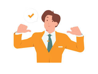 Confident businessman pointing himself with both hands, expressing positive sense of self assurance, high self esteem concept illustration