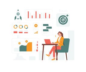 Statistical analysis business finance. Businesswoman sitting next chart to analyzing growth, Site stats, Data inform, Statistics, monitoring financial reports and investments concept illustration