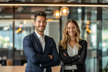 Professional business duo smiling confidently, office setting with modern decor, vibrant atmosphere, both in formal attire