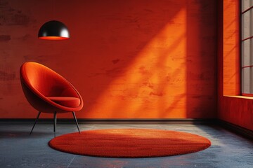 Vibrant red chair in a modern room with orange lighting and a concrete wall, creating a bold and contemporary look