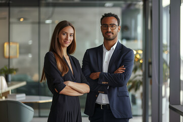 Professional business duo smiling confidently, office setting with modern decor, vibrant atmosphere, both in formal attire