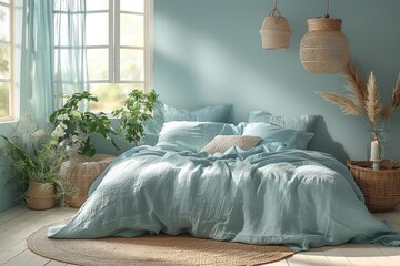 Cozy bedroom with light blue walls, soft natural light, and comfortable bedding, creating a serene and inviting atmosphere