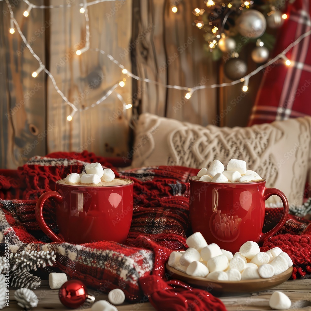 Aufkleber two red cups of hot chocolate with marshmallows on a red blanket