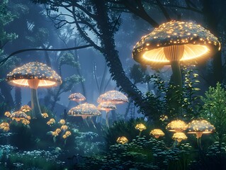 Glowing Mushroom Fairy Lights in Enchanted Forest Landscape