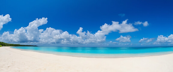 Fototapeta premium A panoramic view of a pristine white sand beach with crystal-clear turquoise water under a bright blue sky with fluffy white clouds. Perfect for travel brochures, websites, and advertising campaigns p
