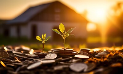 Seedlings sprouting from coins, Ai Generated