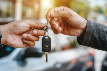 Businessman giving a car key. Getting new car concept.