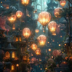 A cityscape with many lanterns hanging from the sky