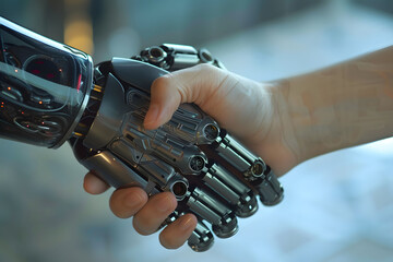 Robotic hand and a human hand connecting.
Robotics and human-machine interaction. Technology background.